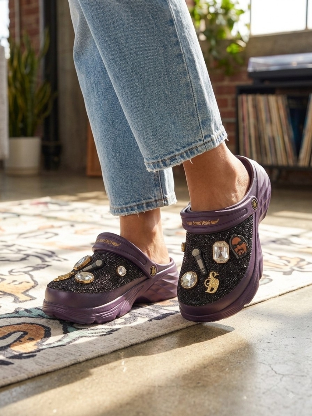 Platform Clog Slip-Ons in Deep Purple with Black Glitter